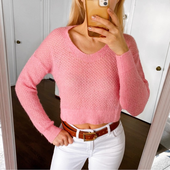 🌸 MANGO (MNG) BABY PINK WOOL BLEND CROPPED KNIT SWEATER! - Picture 4 of 12